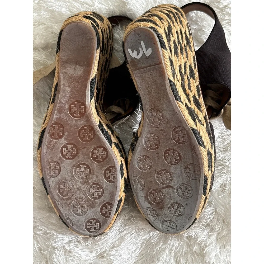 Tory Burch Linley Lace Up Espadrille Wedge Sandals Black Canvas Chevron Platform